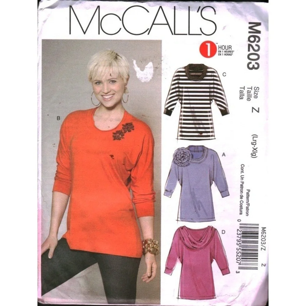 McCall's M6203‎ Sewing Pattern Misses Tunics Dolman Sleeve Size Lrg-Xlg UNCUT